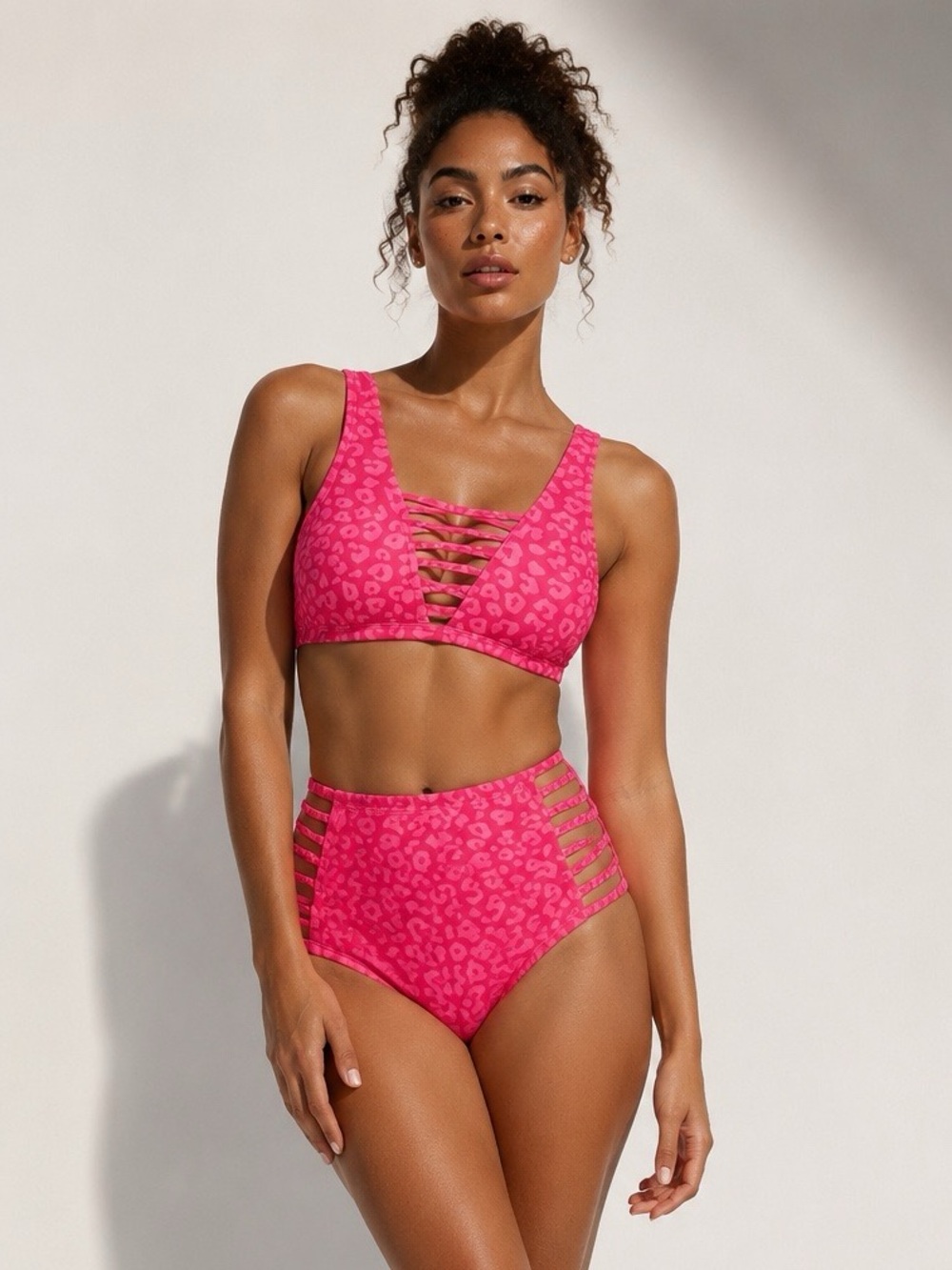 NWOT - TiniBikini Hot Pink Leopard Print Strappy High-Waist Bikini